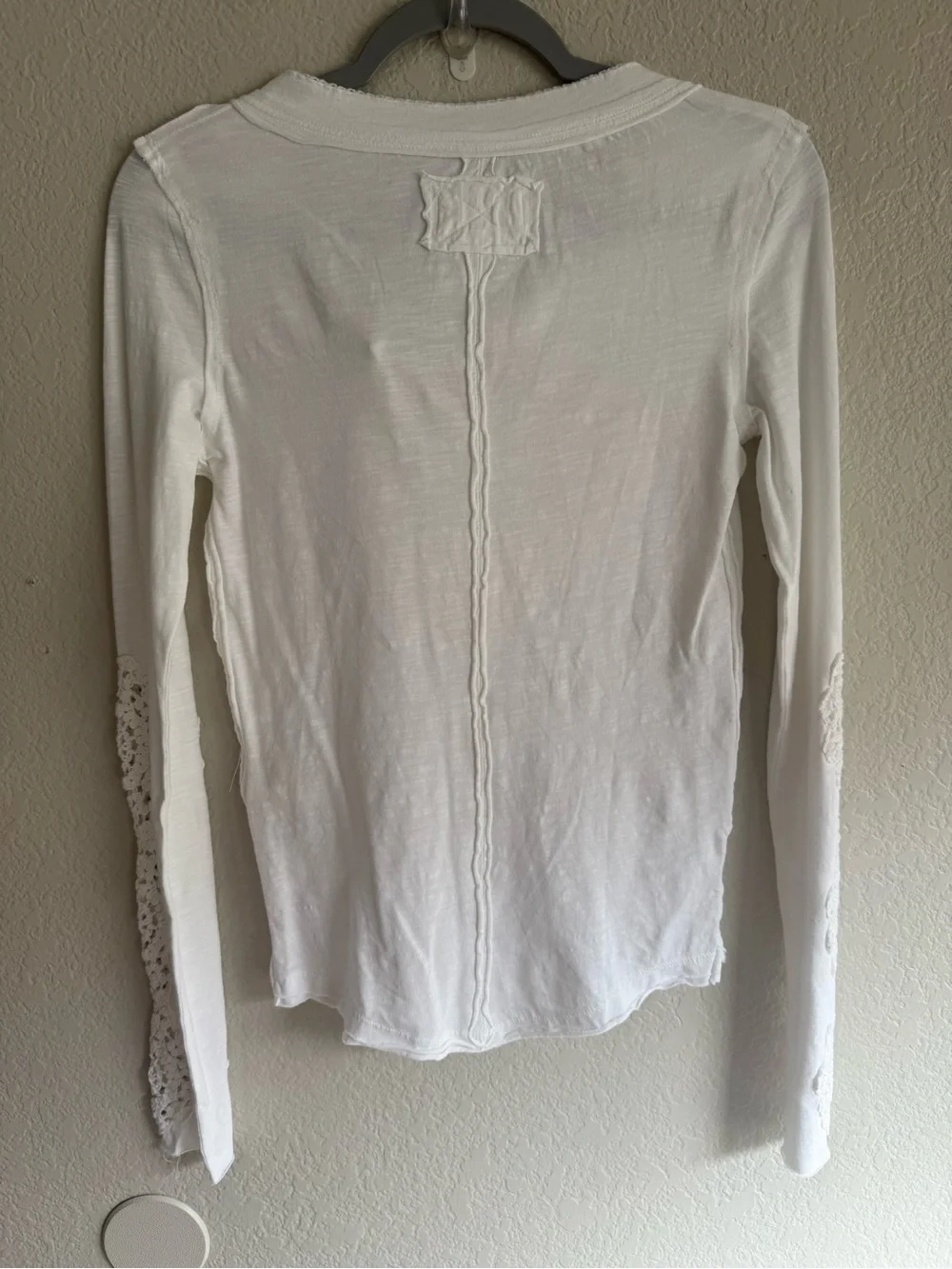 Free People Our Song White Long Sleeve Henley with Lace Elbow Panels NEW